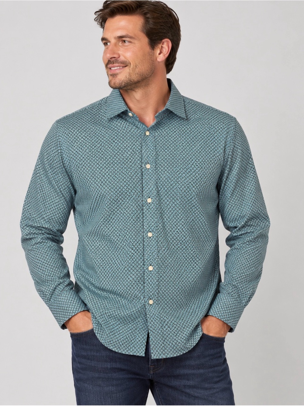 Thomas Dean Teal Micro-Geo Dress Shirt with Striped Cuff Lining size XLT